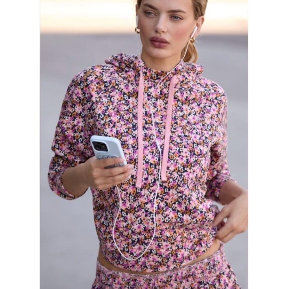 Anthropologie Daily Practice Pink Black Floral Drawstring Hoodie S NWOT